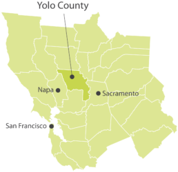 Map featuring the proximity of Yolo County to Napa, Sacramento and San Francisco